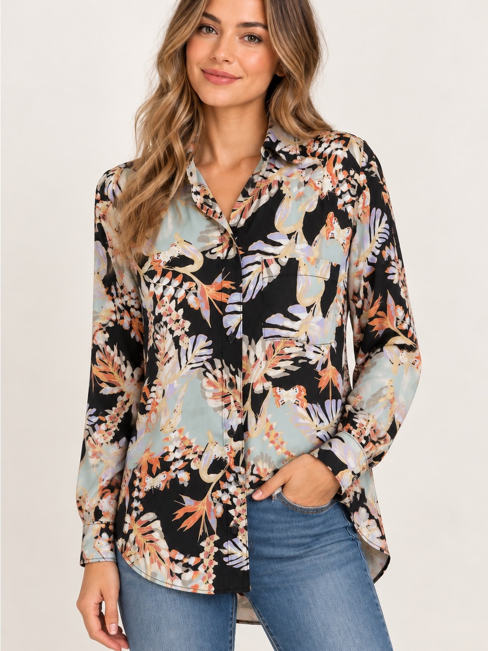 Free People Black Multi Botanical Print Button-Down Shirt
